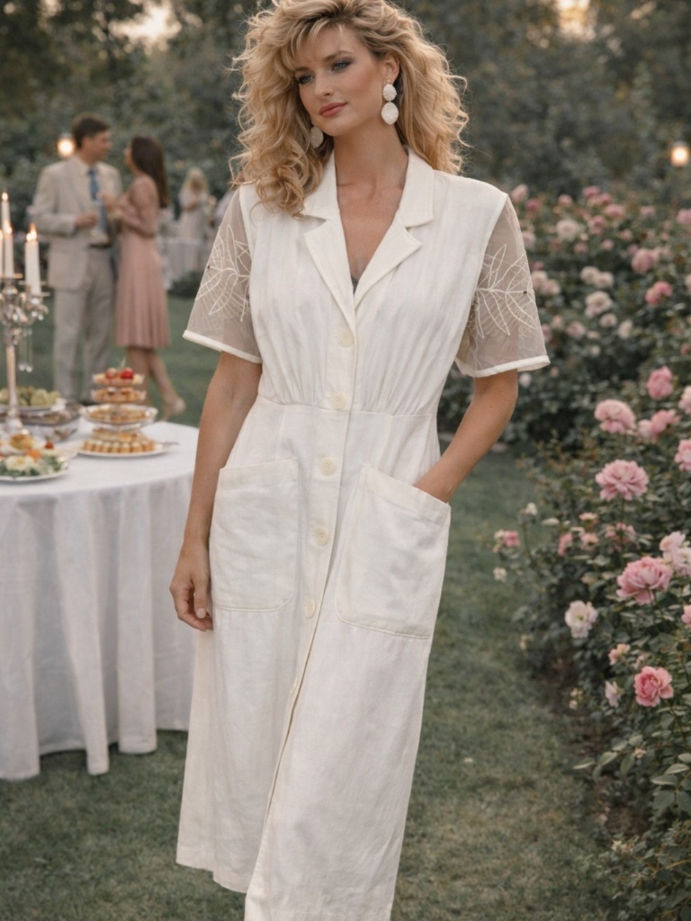 Vintage Climax by Karen Okada Button Front Midi Dress with Sheer Sleeves